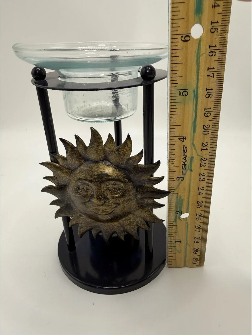 Celestial Sun Candle Holder & Oil Warmer Metal Bronze Finish Glass Top Vintage